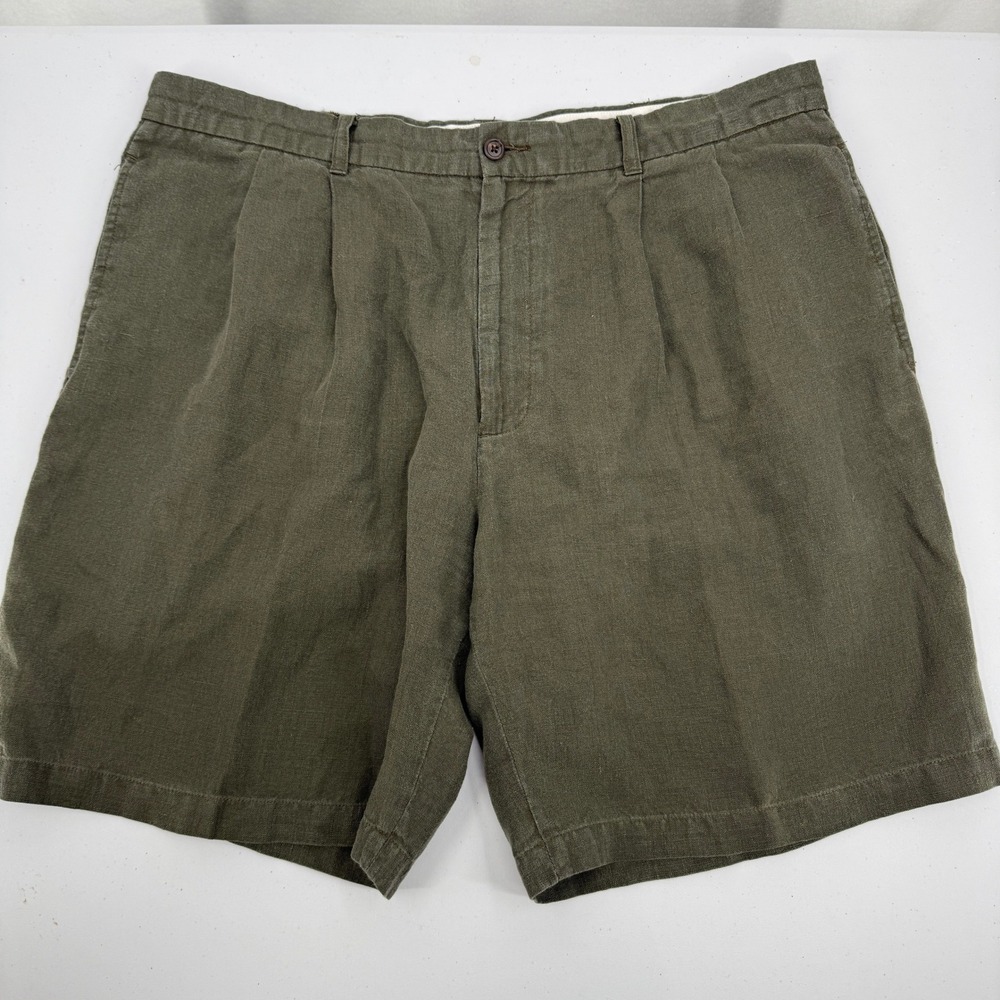Brooks Sport Linen Shorts Mens 40 Olive Green Pleated Front 100% Linen Casual